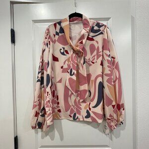 NWT La Mode XL Abstract Print Tie Neck Blouse Pink Boho Retro Statement Top